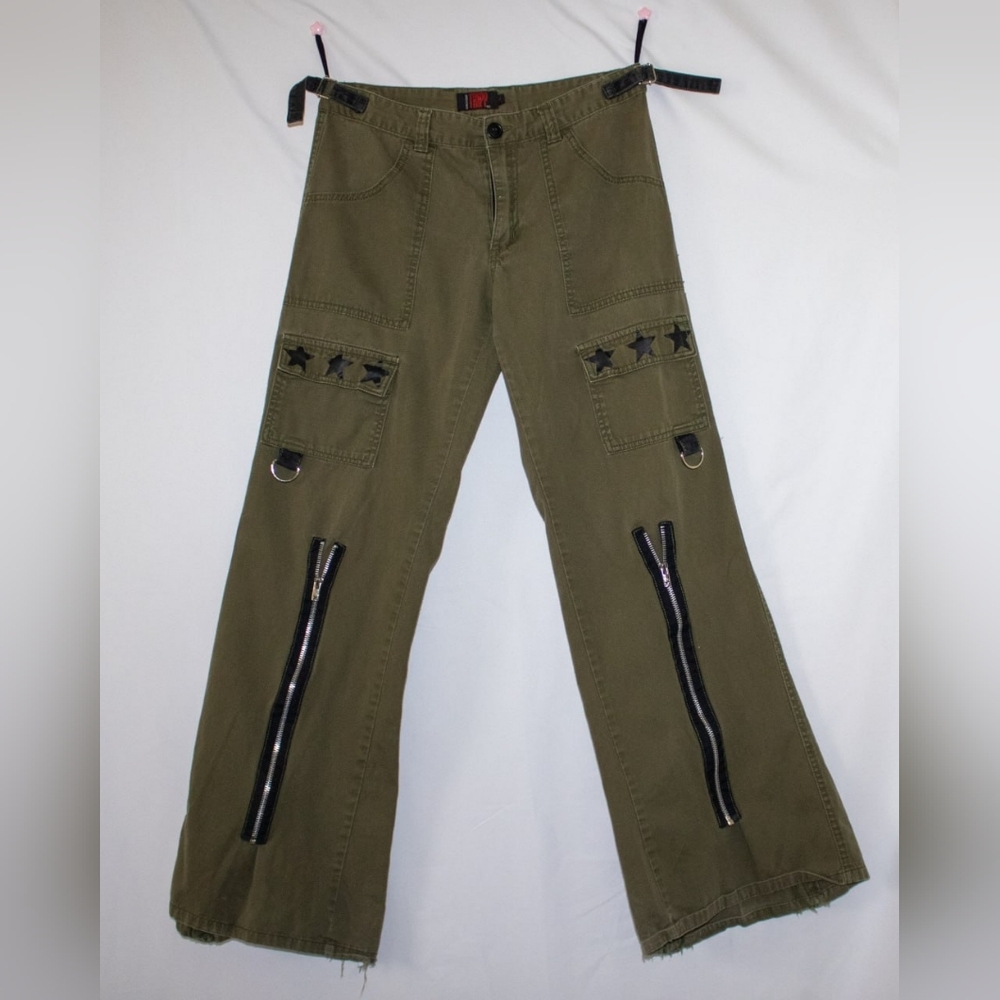 VTG Y2K Tripp NYC Daang Goodman OD Green Bondage Pants With Stars Flare Size 9
